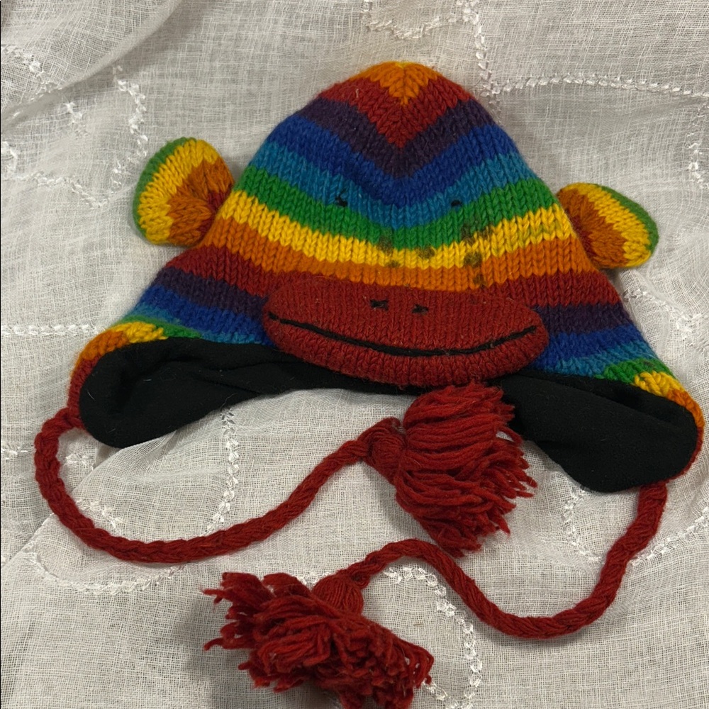 Rainbow monkey wool hat fully lined made in Nepal